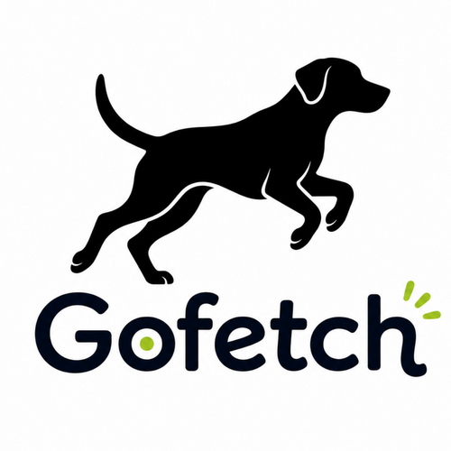 Gofetch logo with a black dog silhouette on a white background